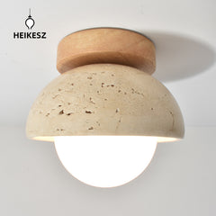HEIKESZ Yellow Cave Stone Lamp Japanese Style Wooden Wabi Sabi Ceiling Light Retro Medieval Cream Wind Porch Balcony Corridor Aisle LED Light for Room