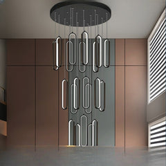 HEIKESZ Modern Minimalist Stair Chandelier Black Square Hollow Lamp for Villa Duplex Living Room Nordic Ceiling Light LED Pendant