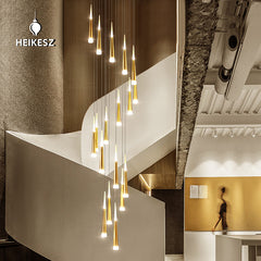 HEIKESZ Hammer Rotating Stair Chandelier Luxury Villa Hollow Meteor Shower Light Fixture for Ceiling Lights