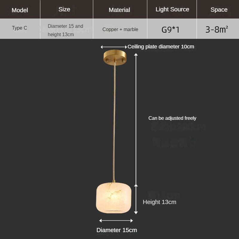 HEIKESZ Luxury Copper Marble Chandelier Modern Bedroom Bedside Lamp Simple Small Droplight for Dining Room Stairs