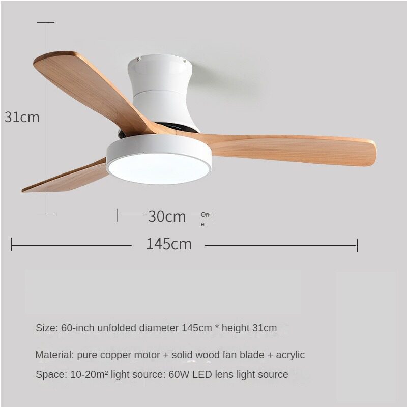 HEIKESZ Nordic Solid Wood Fan Lamp Large Wind Ceiling Fan for Dining Room Living Room Simple Mute Design