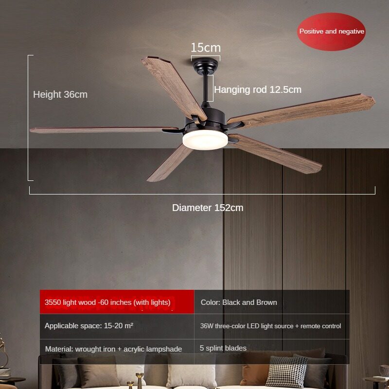 HEIKESZ Large Wind Wooden Leaf Fan Lamp Nordic Living Room Frequency Conversion Commercial Retro Restaurant Industrial Big Fan Chandelier