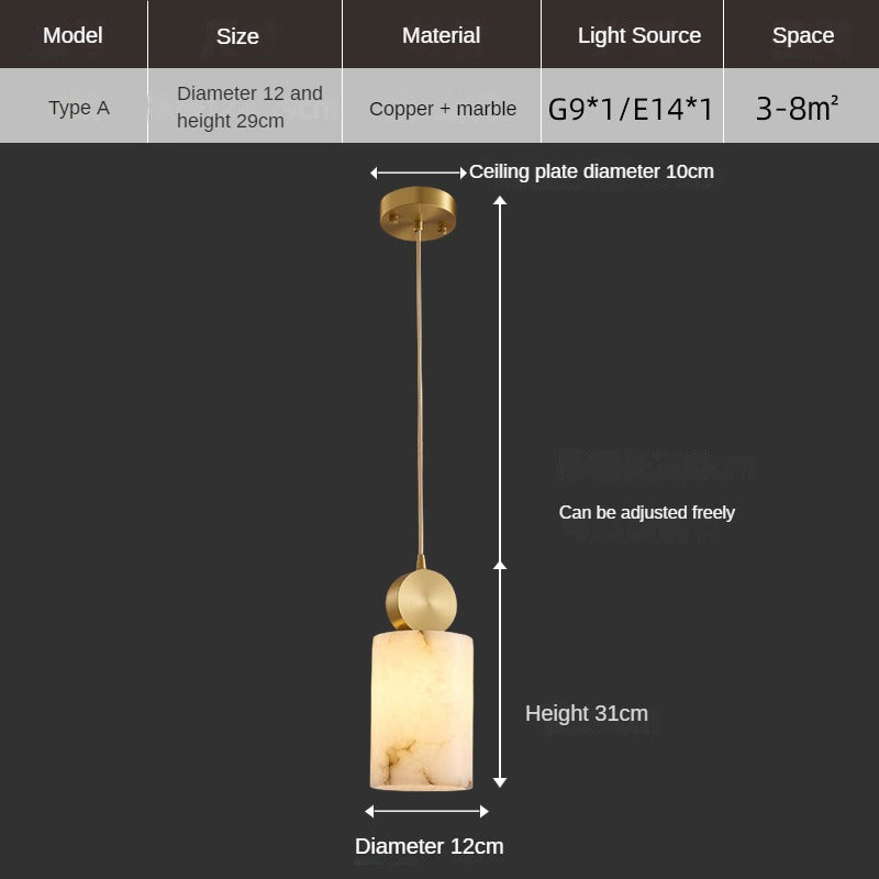 HEIKESZ Luxury Copper Marble Chandelier Modern Bedroom Bedside Lamp Simple Small Droplight for Dining Room Stairs