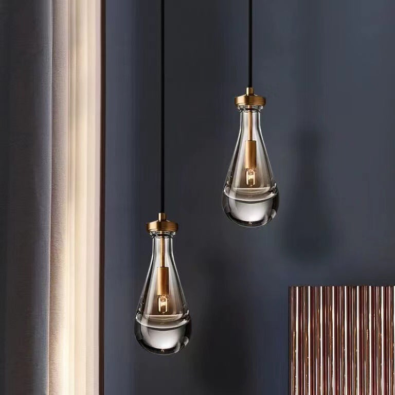 HEIKESZ Modern Luxury Copper Water Drop Chandelier Minimalist Bedroom Bedside Light Creative Living Dining Room Bar Crystal Decoration