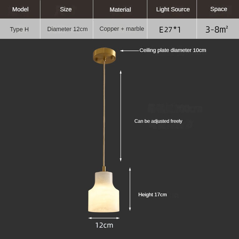 HEIKESZ Luxury Copper Marble Chandelier Modern Bedroom Bedside Lamp Simple Small Droplight for Dining Room Stairs