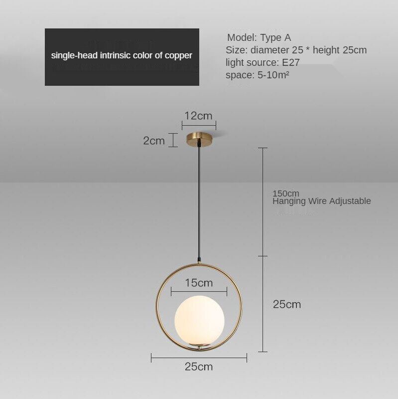 HEIKESZ Nordic Modern Glass Chandelier for Bedroom Dining Room Study Bar LED Ceiling Light Copper Round Hanging Lamp Creative Living Room Lighting