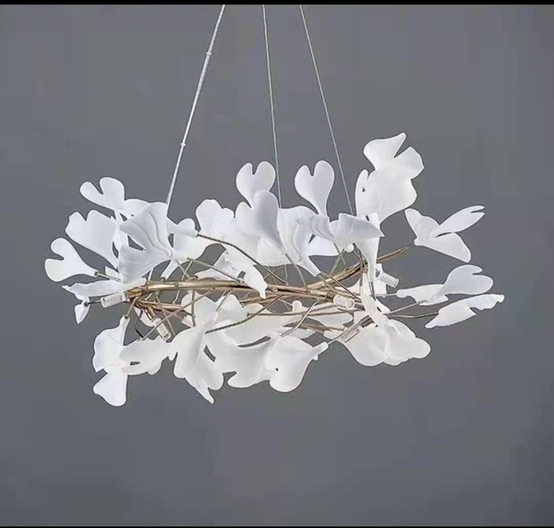 HEIKESZ Artistic Ceramic Ginkgo Leaf Chandelier Modern Copper Lighting for Living Room Office Staircase Bar Counter