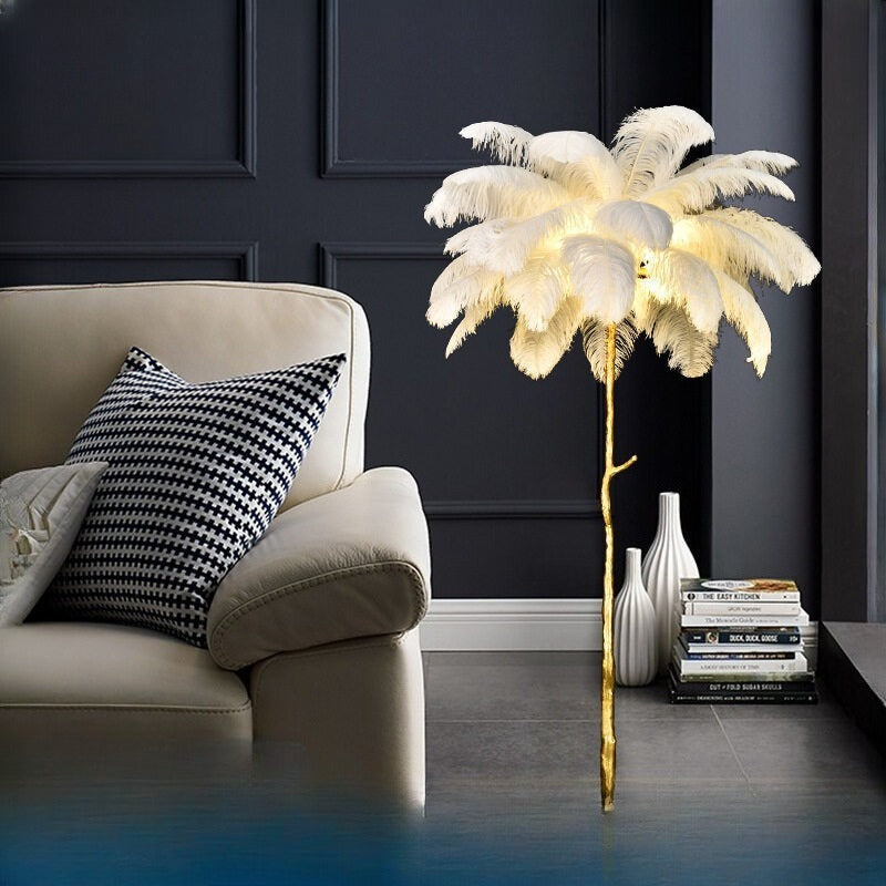 HEIKESZ Resin Feather Floor Lamp for Living Room Bedroom Nordic Style Atmosphere Light Luxury Copper Base Ins Trendy Lighting
