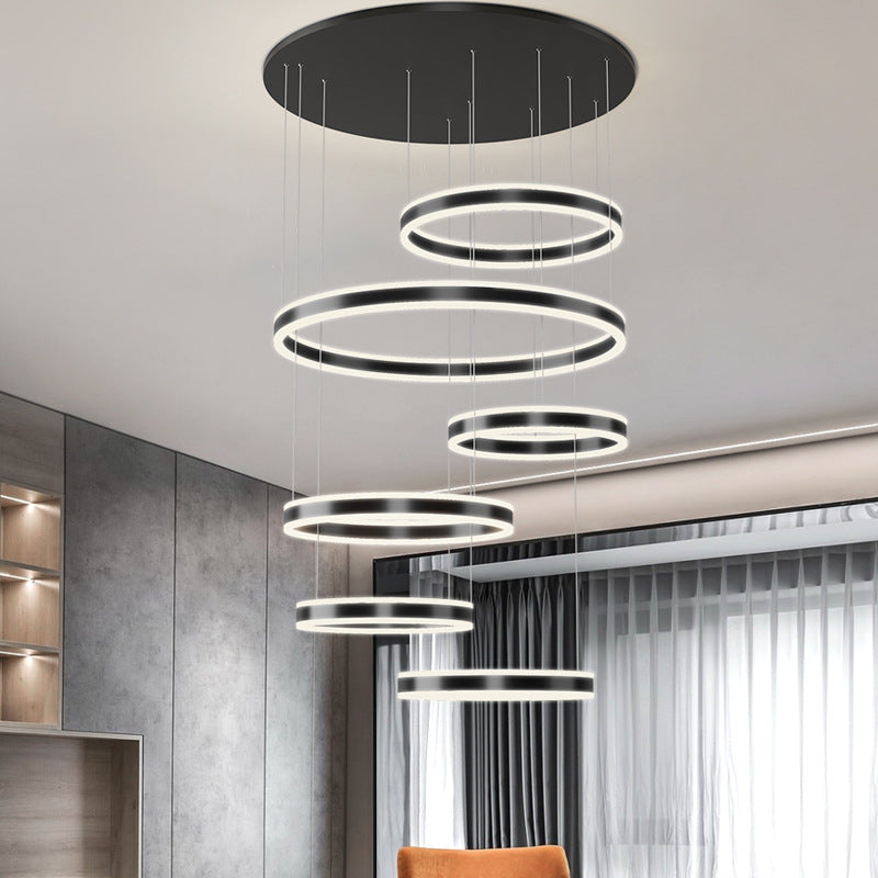 HEIKESZ Modern Black Art Ring Chandelier Luxury Living Room Light for Duplex Loft Villa