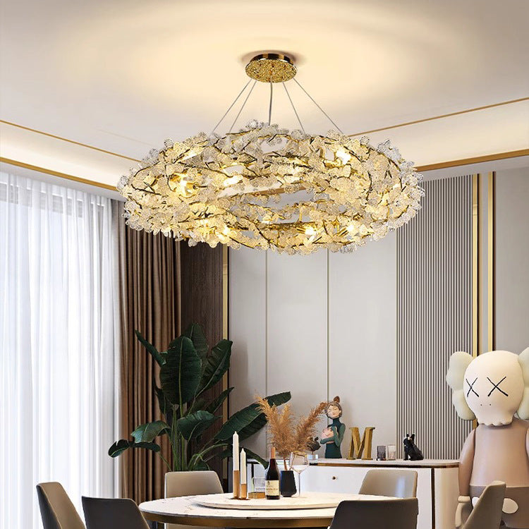 HEIKESZ Floating Light Italian Luxury Crystal Chandelier Creative High-End Copper Ring LED Hanging Light for Bedroom Dining Room Night Aesthetic