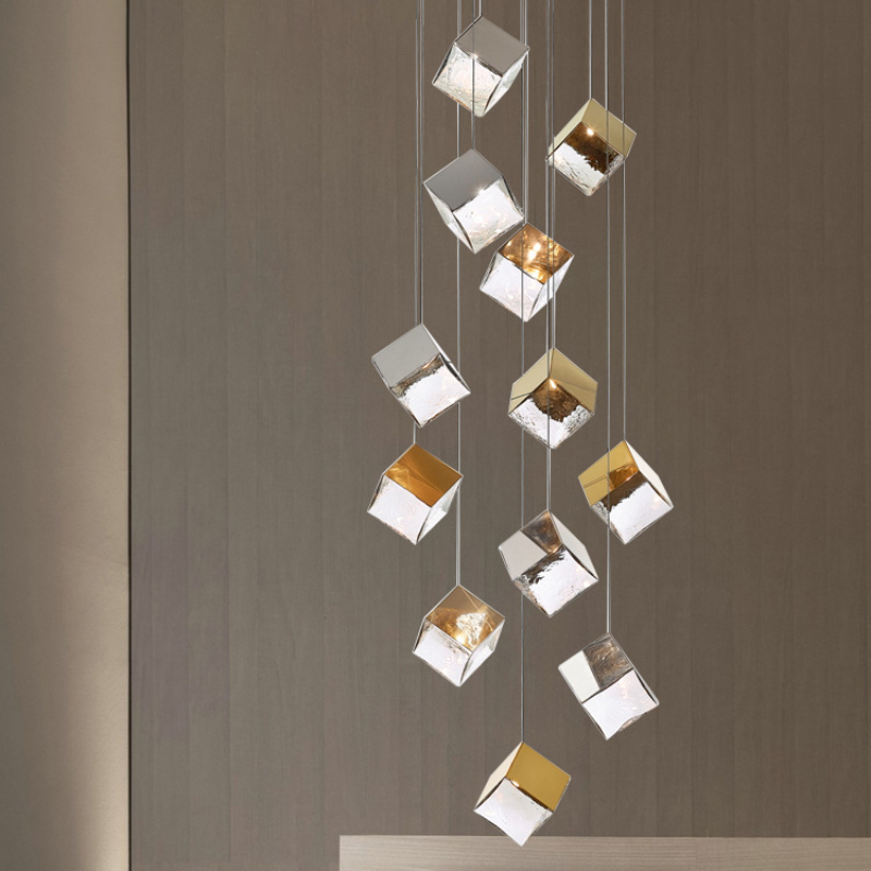 HEIKESZ Loft Staircase Long Chandelier Empty Creative Crystal Glass Cube Ice Modern Restaurant Bar Chandelier