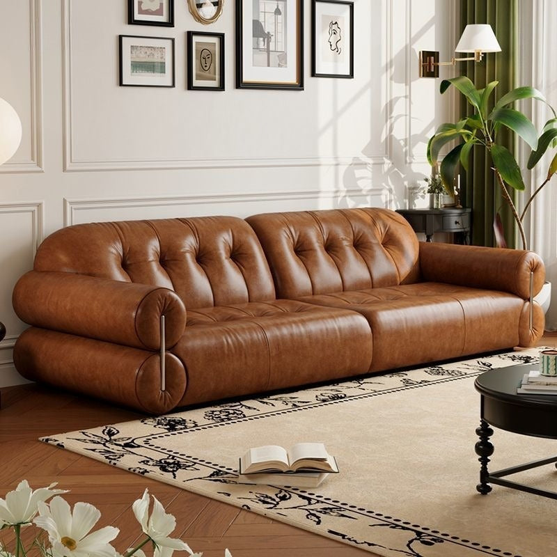 Retro style oil wax leather sofa small apartment living room family apartment medium ancient style old brown straight row French sofa