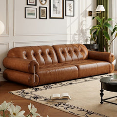 Retro style oil wax leather sofa small apartment living room family apartment medium ancient style old brown straight row French sofa