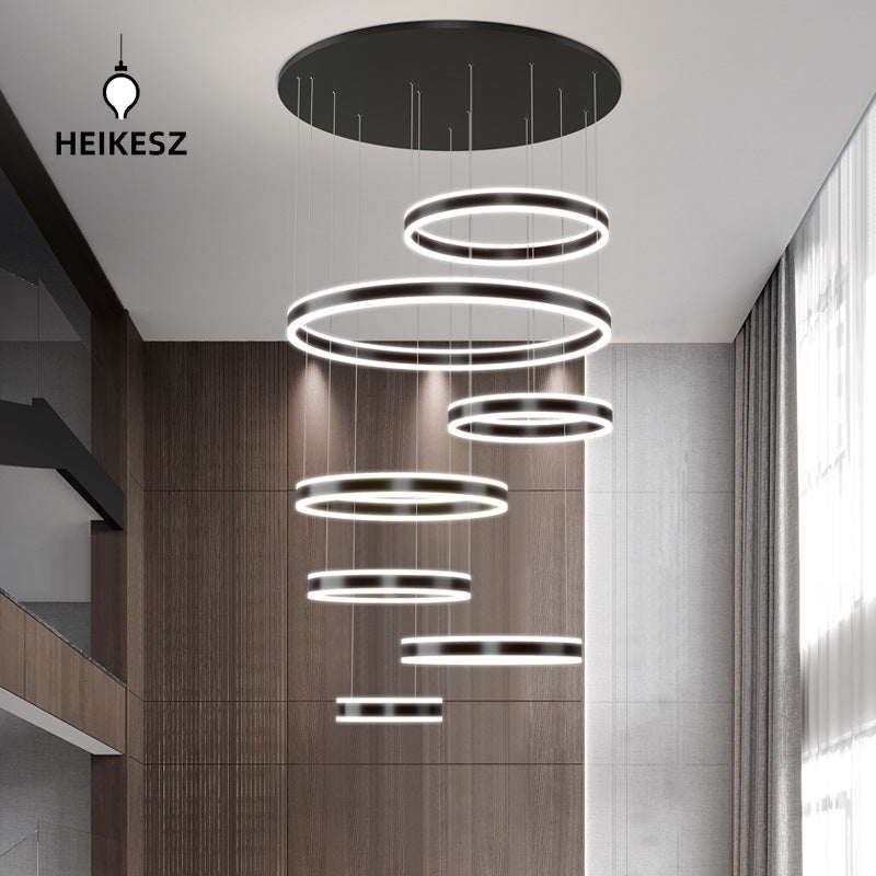 HEIKESZ Modern Black Art Ring Chandelier Luxury Living Room Light for Duplex Loft Villa