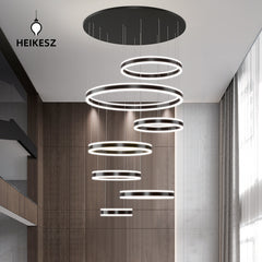HEIKESZ Modern Black Art Ring Chandelier Luxury Living Room Light for Duplex Loft Villa