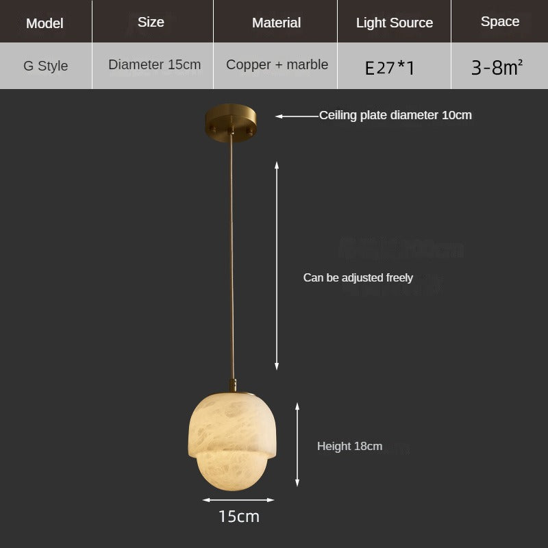 HEIKESZ Luxury Copper Marble Chandelier Modern Bedroom Bedside Lamp Simple Small Droplight for Dining Room Stairs