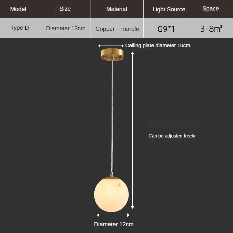 HEIKESZ Luxury Copper Marble Chandelier Modern Bedroom Bedside Lamp Simple Small Droplight for Dining Room Stairs