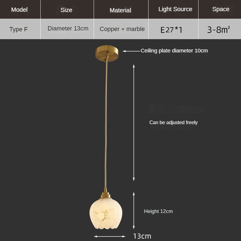 HEIKESZ Luxury Copper Marble Chandelier Modern Bedroom Bedside Lamp Simple Small Droplight for Dining Room Stairs
