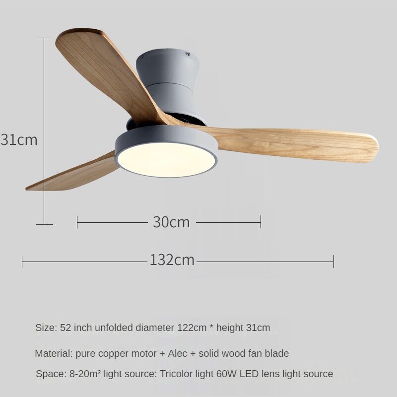 HEIKESZ Nordic Solid Wood Fan Lamp Large Wind Ceiling Fan for Dining Room Living Room Simple Mute Design