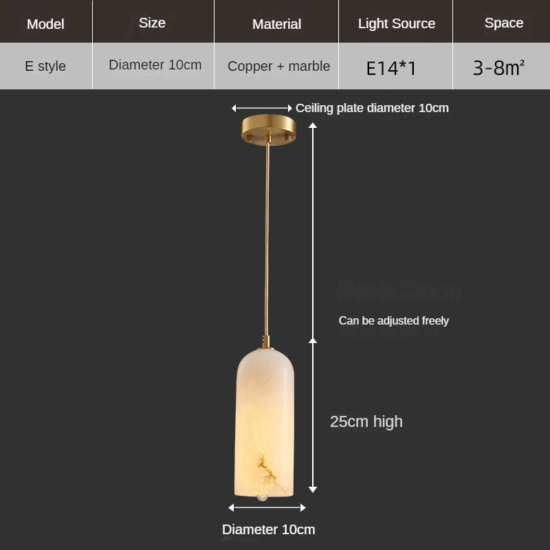 HEIKESZ Luxury Copper Marble Chandelier Modern Bedroom Bedside Lamp Simple Small Droplight for Dining Room Stairs