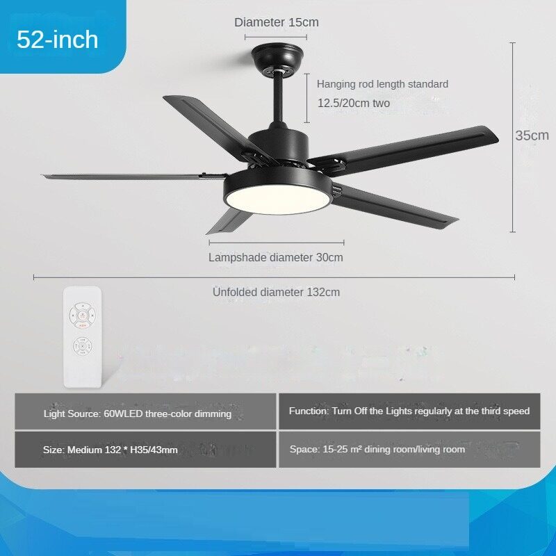 HEIKESZ Large Wind Ceiling Fan Lights 42 52 56 Inch Black Retro Electric Fan Lamp with Remote Control for Home Living Room Bedroom Industrial Commercial Use