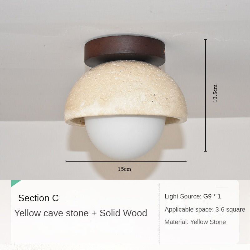 HEIKESZ Yellow Cave Stone Lamp Japanese Style Wooden Wabi Sabi Ceiling Light Retro Medieval Cream Wind Porch Balcony Corridor Aisle LED Light for Room