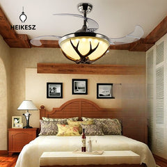 HEIKESZ American Retro Antlers Industrial Style Ceiling Fan Light LED Lamps Frequency Conversion Creative Decorative Fan Lights for Bar Clothing Store