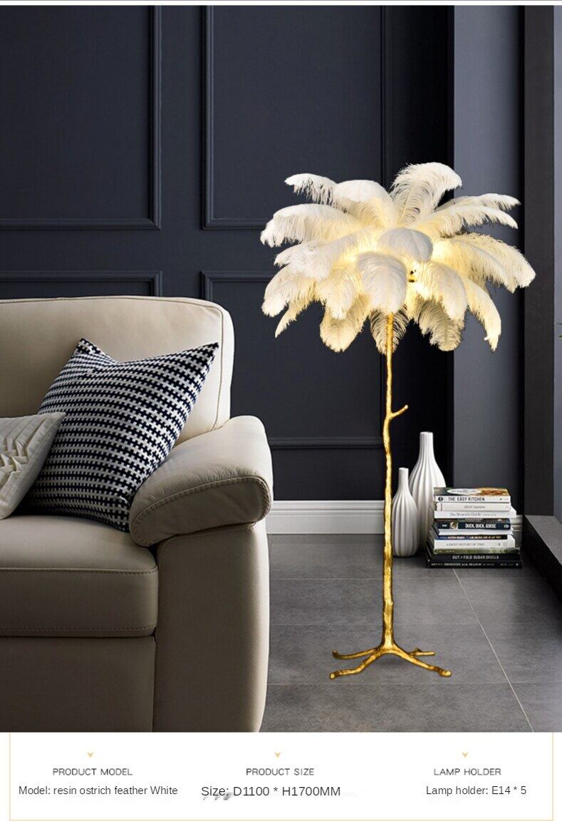 HEIKESZ Resin Feather Floor Lamp for Living Room Bedroom Nordic Style Atmosphere Light Luxury Copper Base Ins Trendy Lighting