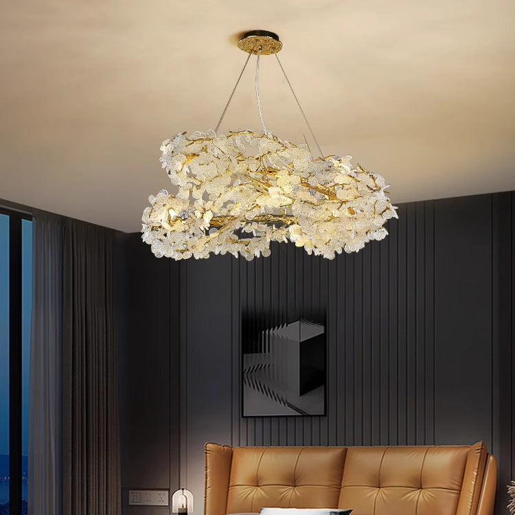 HEIKESZ Floating Light Italian Luxury Crystal Chandelier Creative High-End Copper Ring LED Hanging Light for Bedroom Dining Room Night Aesthetic