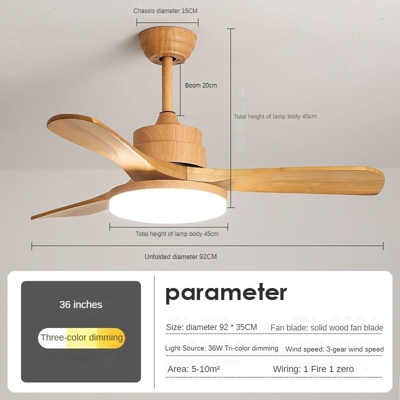 HEIKESZ Modern Nordic Style 32 to 60 Inch Solid Wood Ceiling Fan with LED Light and Remote Control for Home Office