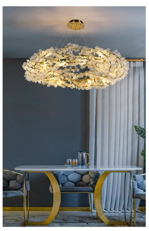 HEIKESZ Floating Light Italian Luxury Crystal Chandelier Creative High-End Copper Ring LED Hanging Light for Bedroom Dining Room Night Aesthetic