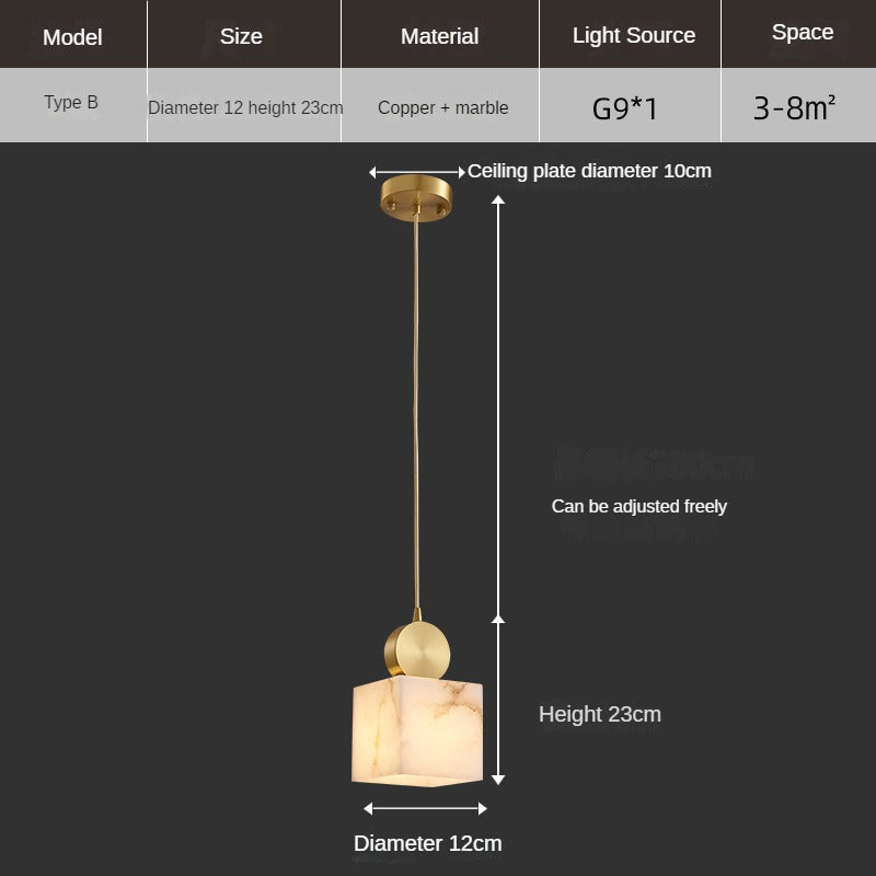 HEIKESZ Luxury Copper Marble Chandelier Modern Bedroom Bedside Lamp Simple Small Droplight for Dining Room Stairs