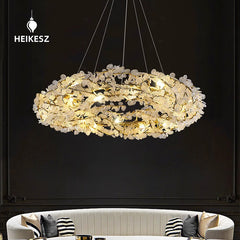 HEIKESZ Floating Light Italian Luxury Crystal Chandelier Creative High-End Copper Ring LED Hanging Light for Bedroom Dining Room Night Aesthetic