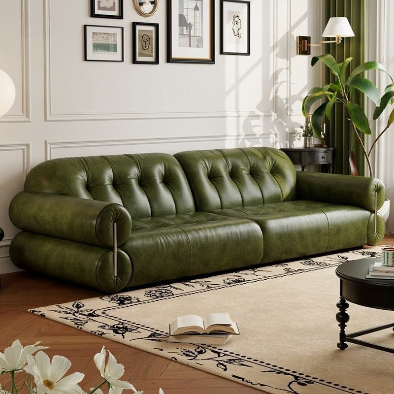 Retro style oil wax leather sofa small apartment living room family apartment medium ancient style old brown straight row French sofa